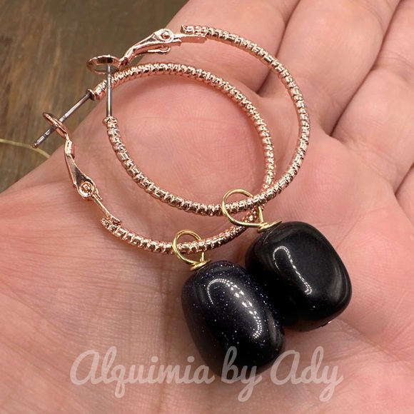 Chunky big Sandstone /Goldstone spheres drops dangle earrings bohemian rose gold - Picture 2 of 5